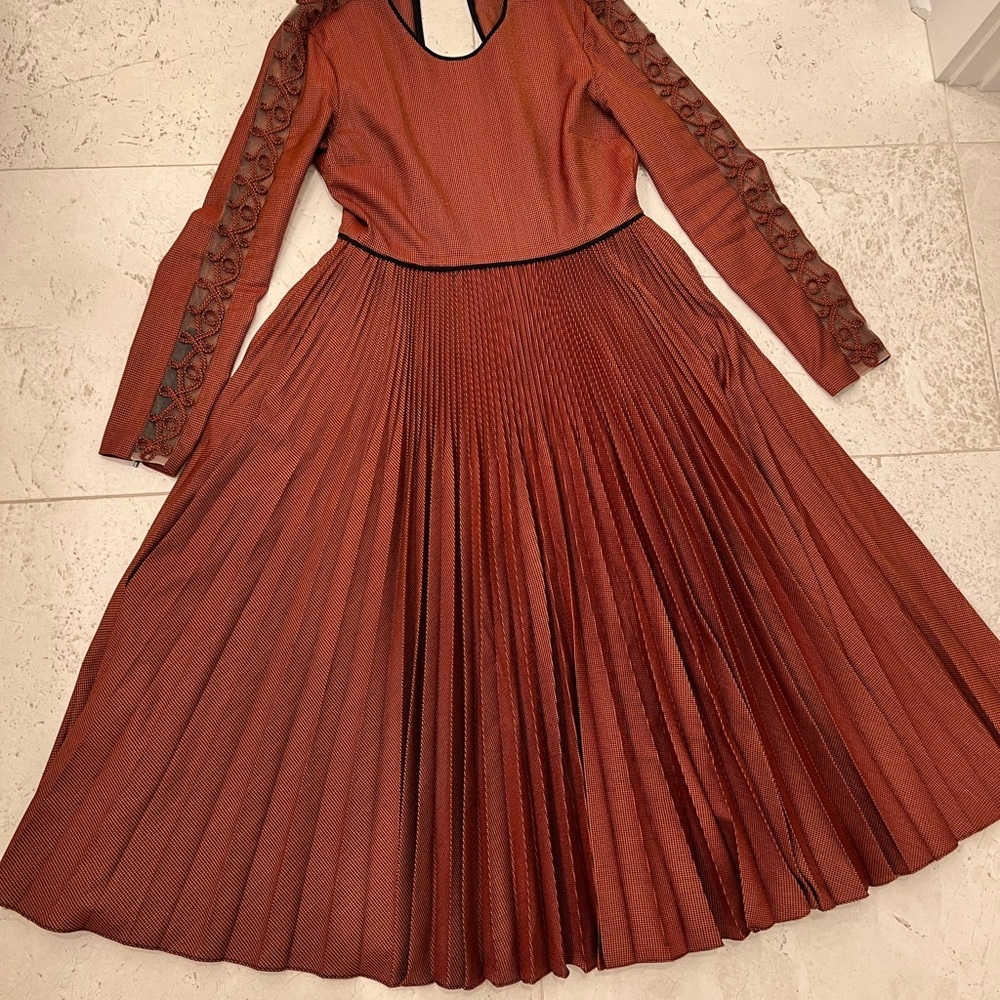 Fendi Long Sleeve Rope Trim Pleated Dress